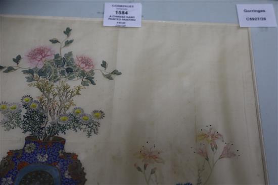 A Chinese painting on silk of antiques and flowers, c.1900,